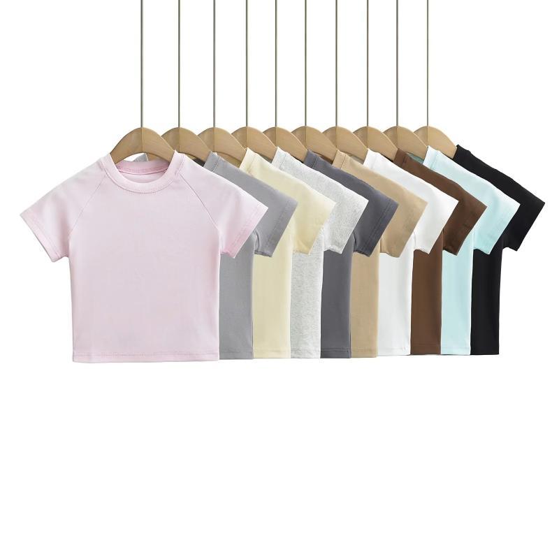 Tシャツ 女性用 春夏 短袖 トップス 修身 クロップド ラウンドネック 切り替え スパンデックス混紡 ポリエステル 綿混紡 接触冷感 軽量 伸縮性 吸湿速乾 ブラック ホワイト グレー ベージュ ピンク ブルー 私服 普段使い かわいい タイト インナ