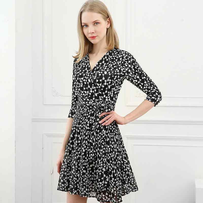 ワンピース 女性用 夏 春夏 復古 フラワー柄 シフォン フレアスカート Vネック 七分袖 高腰 系帯 切り替え フレンチスタイル 気質 通勤 都市風 接触冷感 ポリエステル 醋酸繊維 黒白 桃心 プリント Aライン 中長丈 軽量 通年