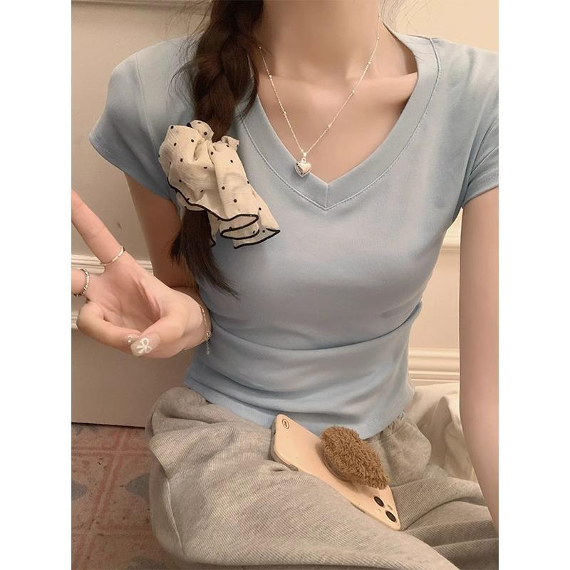 レディース Tシャツ 短袖 Vネック フレアスリーブ コットン ストレッチ 軽量 修身 フレアデザイン ウエストイン 鎖骨見せ セクシー 気質 通勤風 普段使い 春夏 浅ブルー ライトピンク アプリコット ホワイトグレー ホワイト ダークグレー 4,210円