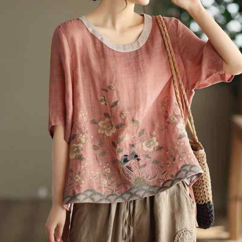 Tシャツ 女性用 短袖 トップス 丸首 ゆったりシルエット 刺繍 花柄 綿麻素材 切り替えデザイン 復古風 快適カジュアル ブラック 芥子・稀色 麻杏色 千禧ピンク 夏向け 吸湿速乾 軽量 通勤普段使い