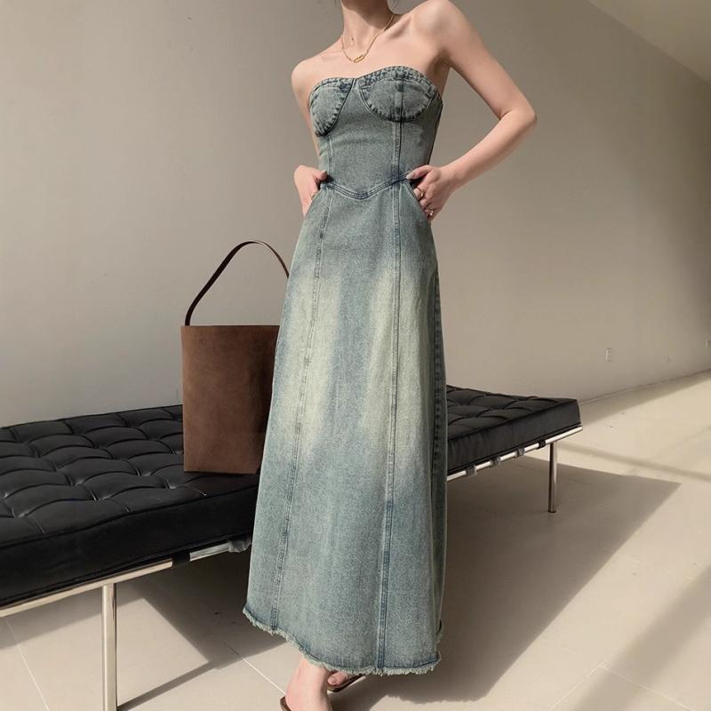ワンピース レディース 春夏 ブルー ストラップレス ロングドレス ハイウエスト Aライン デニム 綿 ポリエステル 切り替え 3D 立体柄 通勤 気質 修身 セットイン 無袖 中長丈 気質 優雅 カジュアル 普段使い