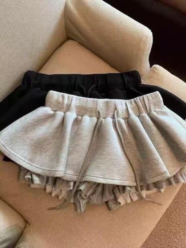 スカート 女性用 春夏 半身スカート 高腰 Aライン フレア 短スカート ブラック グレー かわいい 甘め フレッシュ 学院風 軽量 微弾力 ポリエステル コットン プリーツ ドロスト ストリング 普段使い カジュアル トップス 合わせ コーデ 人気 ス