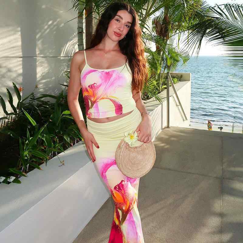レディース 吊り紐ブラウス 包臀スカート セット 花柄 プリント ロング丈 無袖 夏 春夏 接触冷感 ポリエステル 再生繊維 伸縮性 軽量 吸湿速乾 彩色 ピンク系 ブルー系 エレガント 気質 通勤 普段使い カジュアル セットアップ トップス スカート