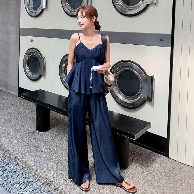 レディース 夏 吊り下げ 背心 セット 女性用 紺色 デザイン ファッション 気質 休日 ワイドパンツ ツーピース 無袖 トップス ロングパンツ 荷葉縁 ポリエステル 95% 以上 快適 ゆったり シルエット 接触冷感 日韓 カジュアル スタイル 通勤