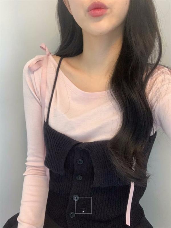 レディース 秋冬 トップス セット かわいい ピンク 長袖 インナー 綿 接触冷感 軽量 吸湿速乾 バタフライ ボウ 切り替え デザイン 学院風 カジュアル 普段使い 伸縮性 清新 スタイル ブラック レース 背心 インナー セット 女性用 ゆったり シ