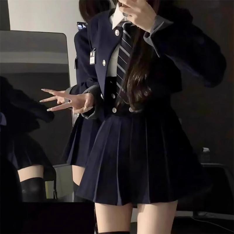 レディース 学院風 セットアップ 短め ジャケット スカート トップス 春夏 ハイウエスト スリム プリーツ スカート 切り替え デザイン ポリエステル 素材 清新 甘め スタイル エレガント 長袖 ゆったり フィット 日常使い セット