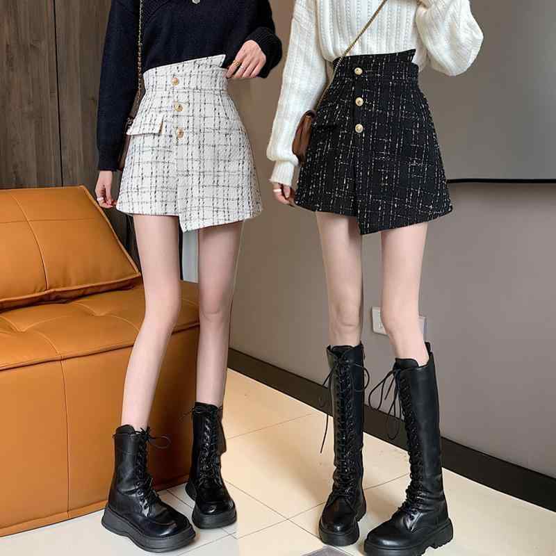 スカートパンツ レディース 秋冬 格子柄 高腰 Aライン 膝丈 マイクロストレッチ 雪ニール 切り替えデザイン ゆったりワイドレッグ 杏色 ブラック 私服 御姐風 普段使い 軽量 伸縮性