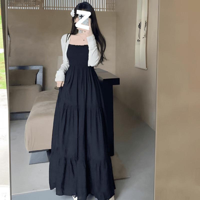 ワンピース レディース 夏 防晒開衫 付き 黒 ロングドレス セット ぽっちゃり対応 デザイン性 復古 スタイル 肩紐 タイ イン ポリエステル 素材 95%以上 気質 通勤 都市風 ゆったり シルエット 超長袖 蝶々袖 切り替え ディテール 吸湿速乾