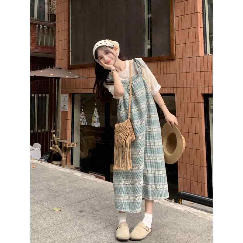 ワンピース レディース 夏 吊り紐 フレンチ スイート フォレスト レイヤード セット レース 短袖 シャツ ワンピース セット 気質 通勤 都市 スタイル ポリエステル 95%以上 蝶々袖 ロング スカート セット 接触冷感 軽量 吸湿速乾 かわいい
