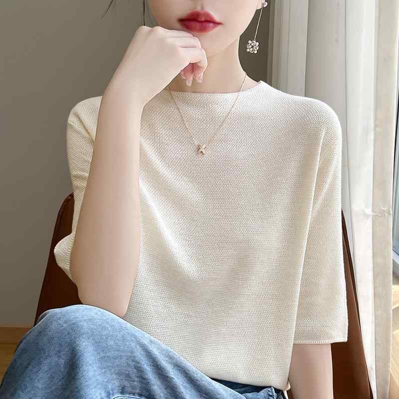 ニット レディース 半袖 Tシャツ トップス 再生繊維 接触冷感 スリム ベージュ ピンク系 レッド グレー ブラック