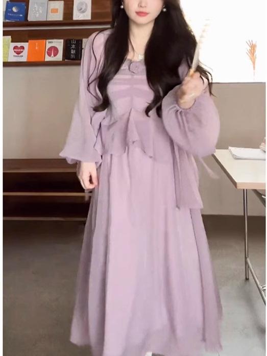 レディース チャイナスタイル 長袖 オープンカーディガン 吊り帯キャミソール ロングスカート セット 夏 気質 スリム 綿ポリエステル混紡 切り替えデザイン ゆったりシルエット ライトカラー 吸湿速乾 ライトウェイト カジュアル 復古風 通勤 普段使い