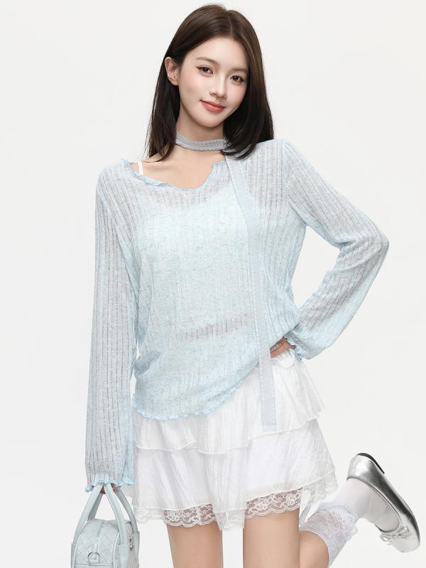 Tシャツ レディース 木耳 フリル Vネック 長袖 薄手 接触冷感 エアコン 部屋着 普段使い 杏色 ブルー 花柄 グレー グリーン