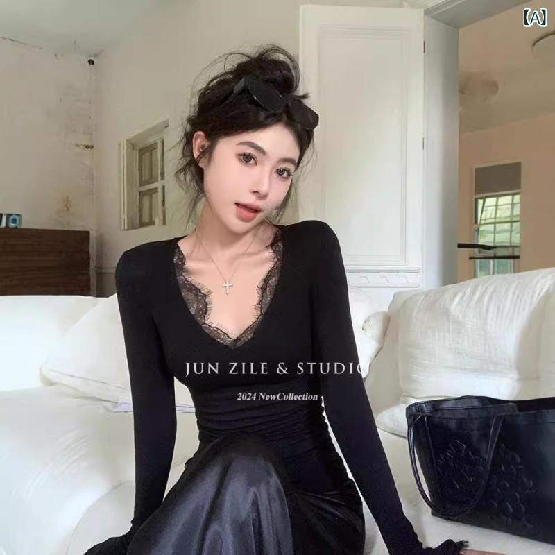 Tシャツ レディース Vネック 長袖 接触冷感 黒 ブラック レース 花柄 インナー 伸縮性 スリムフィット 杏色