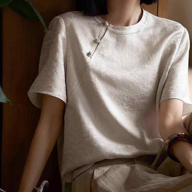 Tシャツ レディース チャイナ風 提花 ショートスリーブ トップス カットソー 杏色 S M L XL 通勤 ゆったり エレガント