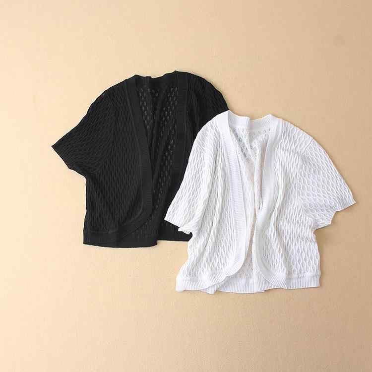 ショール レディース 半袖 ニット カーディガン シルク ショート丈 アウター 黒 白 接触冷感 通勤 毛糸 羽織もの 冷房対策 サマーニット