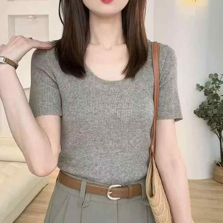 ニット レディース Uネック 半袖 薄手 春 トップス カットソー 婦人服 スリム カジュアル 韓国風 燕麦色 灰色 白 杏色