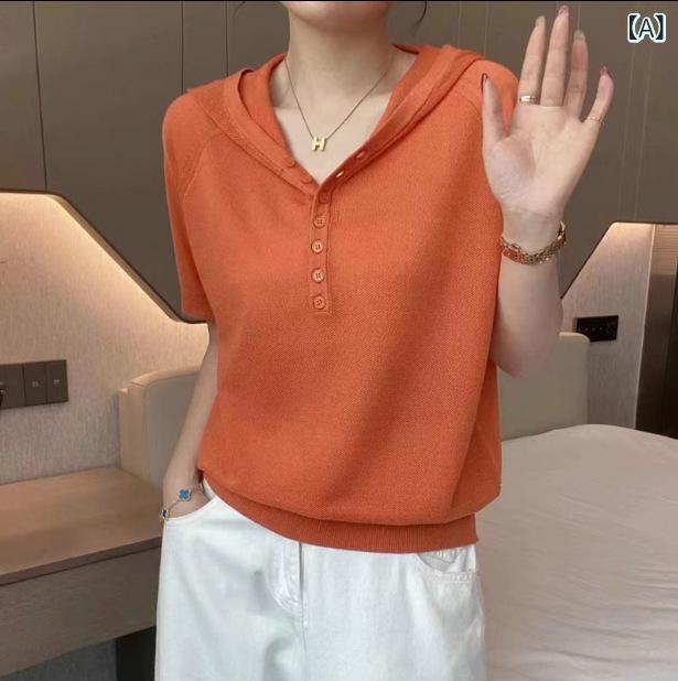 Tシャツ レディース 薄手 ニット サマーニット 半袖 パーカー 接触冷感 冷感 涼しい トップス カットソー 無地 通勤 オフィス カジュアル きれいめ オレンジ系 パープル系 ピンク系 アイボリー S M L XL