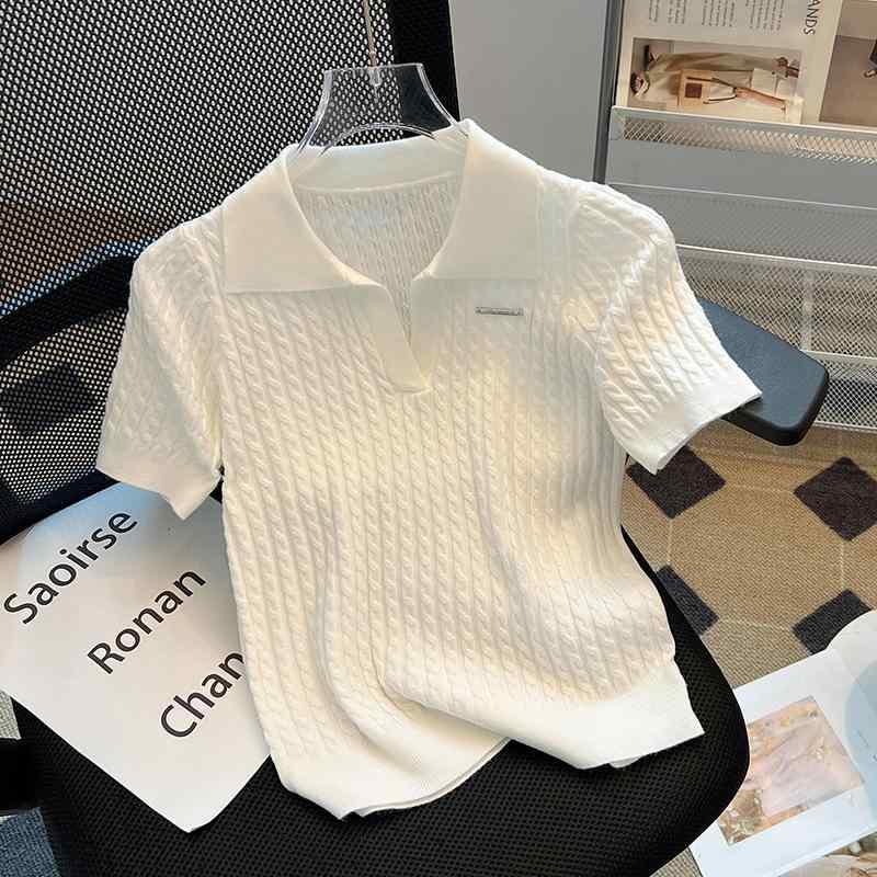 ニット レディース 半袖 襟付き Tシャツ 薄手 トップス 韓国 ファッション カジュアル おしゃれ きれいめ ポリエステル ブラック ホワイト