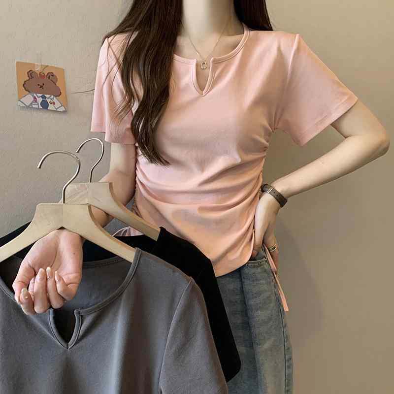Tシャツ レディース 半袖 へそ出し トップス スリム 無地 ショート丈 カットソー ギャザー 接触冷感 日韓スタイル カジュアル 深灰 ブラック ピンク系