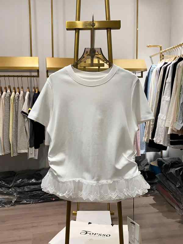 Tシャツ レディース 半袖 ラウンドネック レース 裾 切り替え 韓国風 かわいい スリム トップス 綿 スパンデックス 春夏