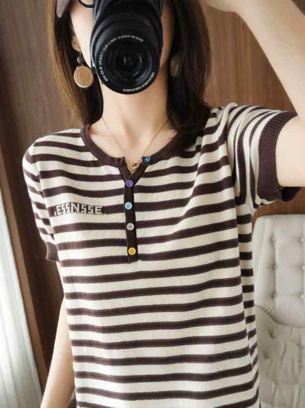Tシャツ レディース 半袖 丸首 ストライプ 薄手 コットン リネン ニット トップス カットソー 黒 グレー 紺 S M L XL XXL