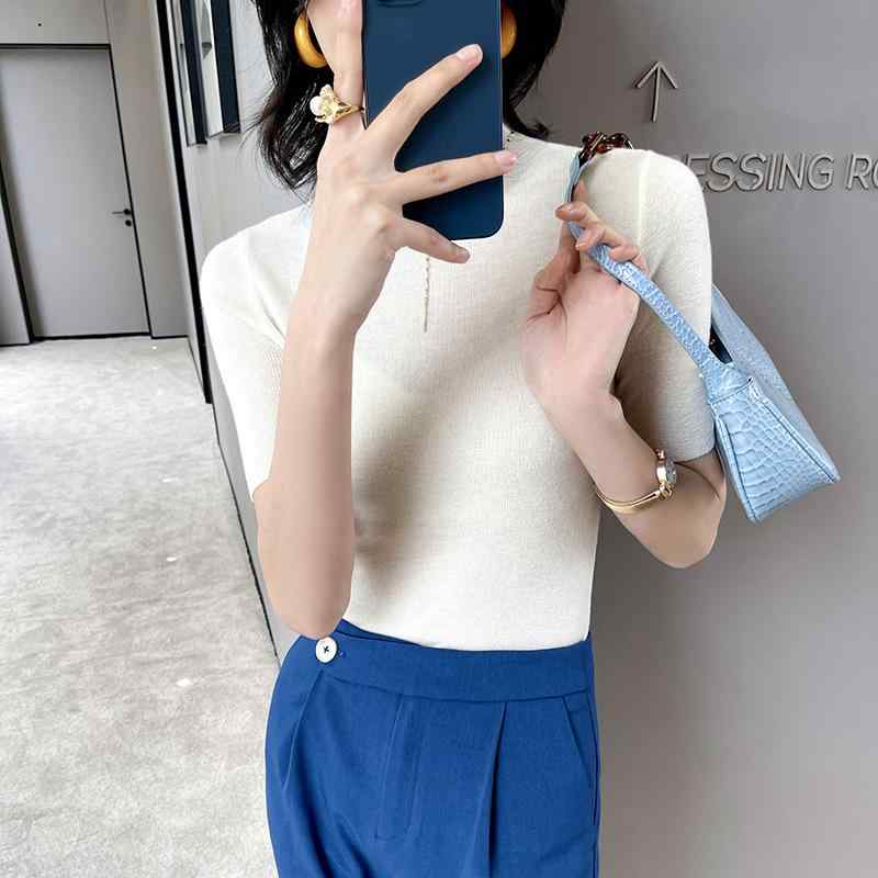 ニット レディース 春夏 半袖 薄手 カットソー トップス インナー 接触冷感 伸縮性 ストレッチ やわらか 肌触り