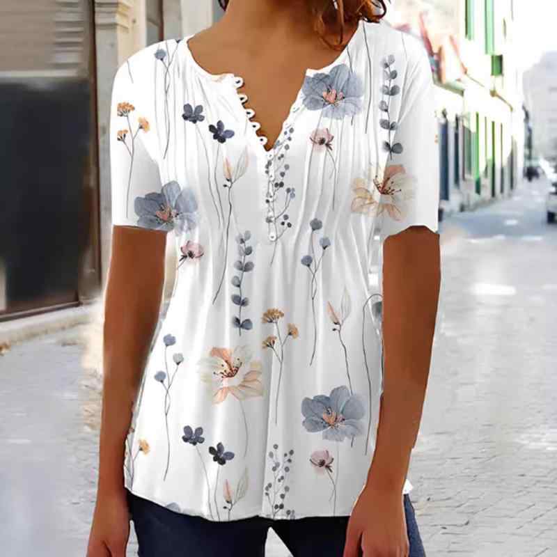 Tシャツ レディース 半袖 Vネック プリント ギャザー ボタン 留め カットソー トップス ポリエステル 普段使い 修身 カジュアル 快適 婦人服 ホワイト ブルー ピンク系