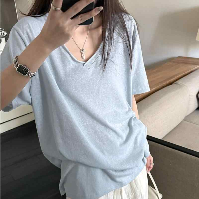 Tシャツ レディース Vネック リネン混紡 半袖 ゆったり 快適 接触冷感 無地 トップス カットソー カジュアル 普段使い 部屋着 春夏 ブルー系 グレー ホワイト