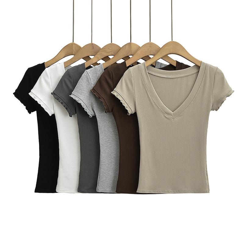 Tシャツ レディース Vネック 半袖 ショート丈 スリム タイト 無地 カットソー トップス 普段使い 部屋着 ブラック ホワイト グレー 伸縮性