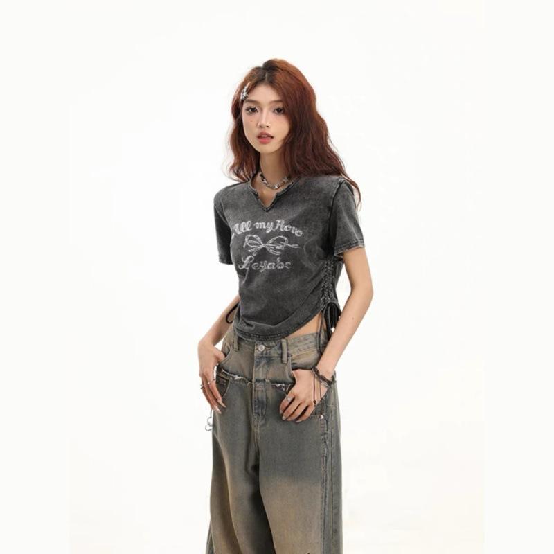 Tシャツ レディース 半袖 Vネック コットン ウォッシュ加工 ダメージ加工 スリム ショート丈 美脚 小柄 ストリート 普段使い