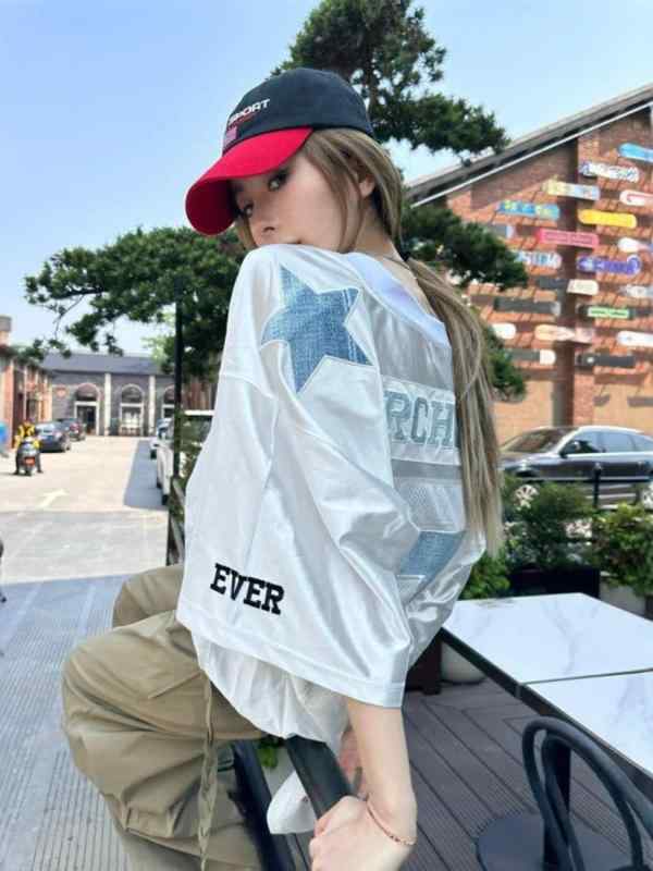 Tシャツ レディース 高街 切り替え ナンバー コットン混紡 半袖 Vネック ルーズフィット ストリート カジュアル ペア 普段使い