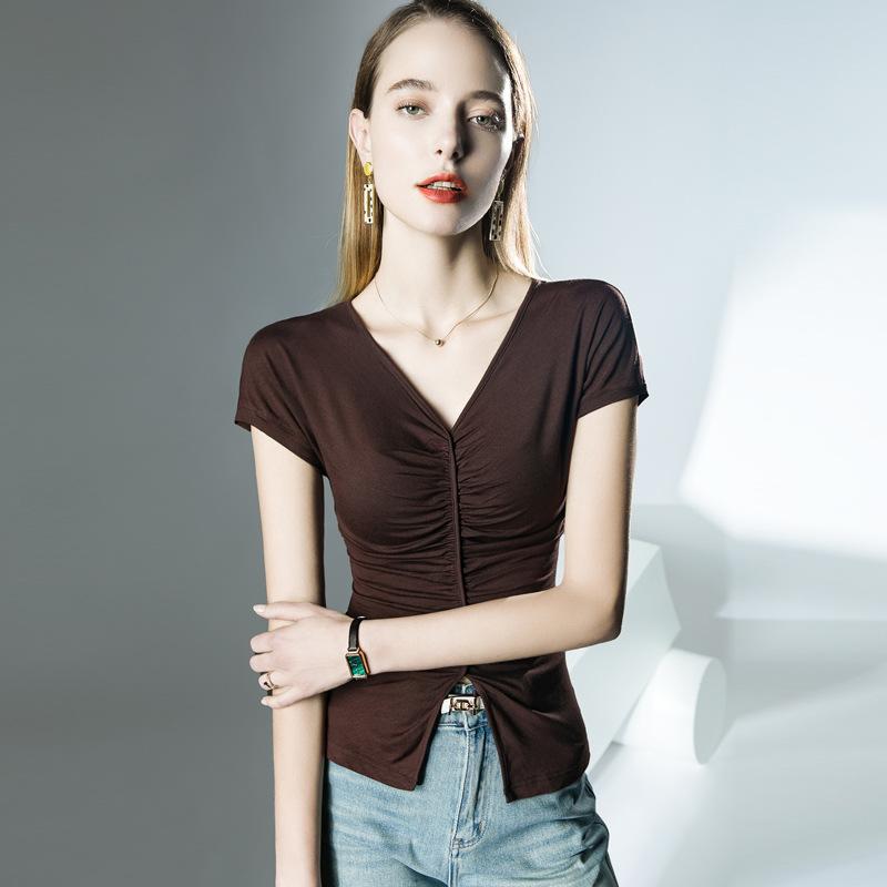 Tシャツ レディース 半袖 Vネック トップス ギャザー 無地 カットソー 接触冷感 モダール混紡 フェミニン 通勤 ブラック コーヒー色 ホワイト 紫 S M L XL XXL