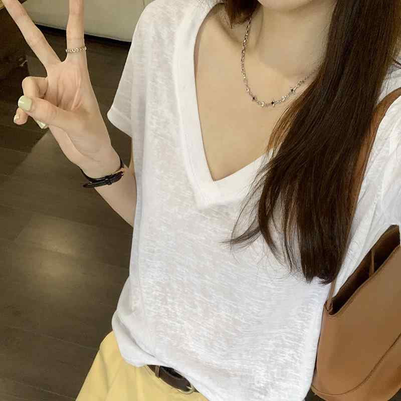 Tシャツ レディース Vネック 半袖 雪花麻 ゆったり 接触冷感 トップス カットソー かわいい 韓国風 超短丈 通勤 普段使い 春夏