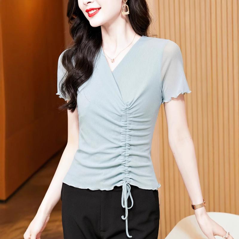 Tシャツ レディース スリムフィット Vネック 無地 ドローストリング メッシュ 半袖 インナー 伸縮性 通気性 ブラック ピンク系