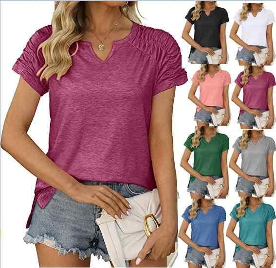 Tシャツ レディース Vネック 半袖 トップス カットソー コットン ギャザー 欧美風 カジュアル ゆったり 白 黒 グレー 緑 ピンク系 青 翠緑 S M L XL XXL