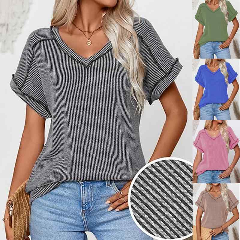 Tシャツ レディース 春夏 Vネック 半袖 トップス 配色 コットン ポリエステル 伸縮性 普段使い 部屋着 街頭 ・摩紅色 グレー カーキ色 ブルー 軍緑色