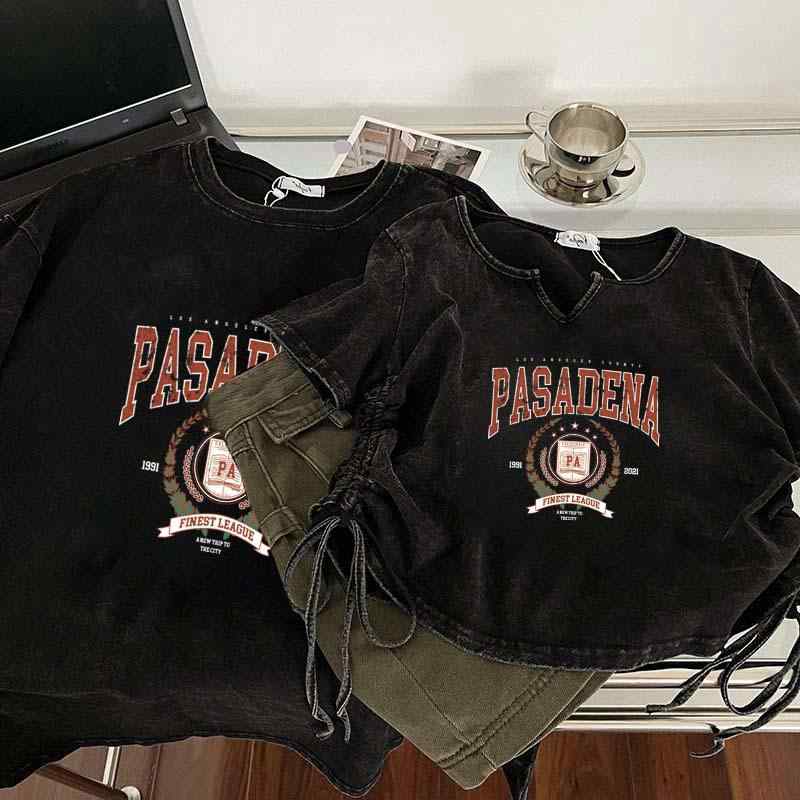 Tシャツ レディース Vネック 半袖 ダメージ加工 ウォッシュ加工 カットソー トップス ストリート スタイル 普段使い 綿100% コットン 欧美風