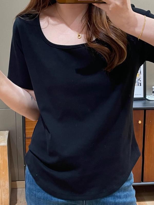 Tシャツ レディース 大きいサイズ 黒 半袖 コットン ゆったり スクエアネック 無地 体型カバー 着痩せ アシンメトリー トップス