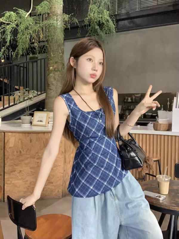 タンクトップ レディース 春夏 ブルー チェック柄 ショート丈 へそ出し トップス ノースリーブ ポリエステル 韓国風 かわいい 日韓カジュアル