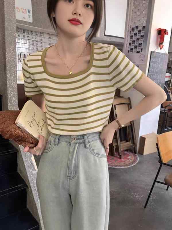 Tシャツ レディース 春夏 方? 半袖 ストライプ 接触冷感 ニット トップス カットソー 普段使い デイリー 日韓風 カジュアル ブラック ピンク系