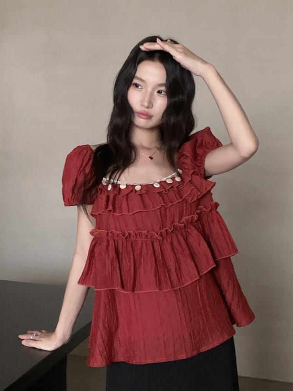 シャツ レディース 半袖 ブラウス 花柄 切り替え 襟開き トップス 夏服 赤色 S Mサイズ 接触冷感 再生繊維