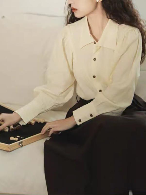 シャツ レディース 春物 長袖 かわいい 泡袖 ブラウス トップス 通勤 普段使い 綿 ポリエステル 杏色