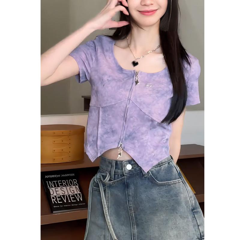Tシャツ レディース 紫色 グラデーション アシンメトリー ジッパー ポリエステル 接触冷感 ストレッチ スリムフィット トップス