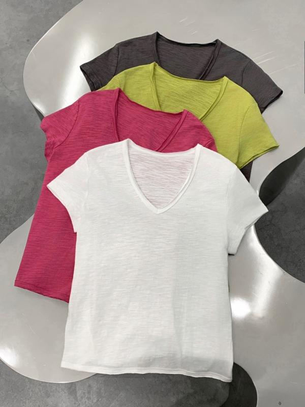 Tシャツ レディース 小Vネック 接触冷感 薄手 半袖 トップス カットソー 無地 V字ネック 綿混紡 ゆったり 涼しい 春夏