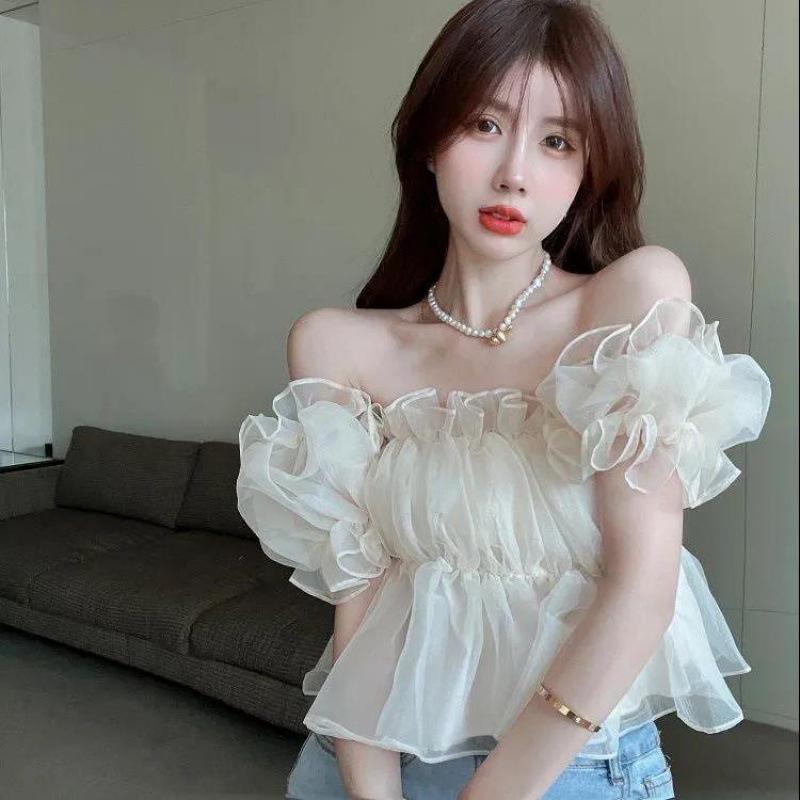Tシャツ レディース ブラウス トップス 半袖 シャーリング ギャザー パフスリーブ ゆったり ふんわり かわいい 杏色 ピンク系 ブルー ポリエステエル コットン
