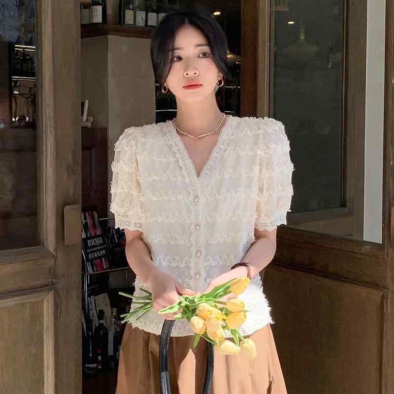 シャツ レディース 半袖 ポリエステル シフォン レース 切り替え 杏色 パフスリーブ ブラウス トップス 通勤 エレガント(x3)
