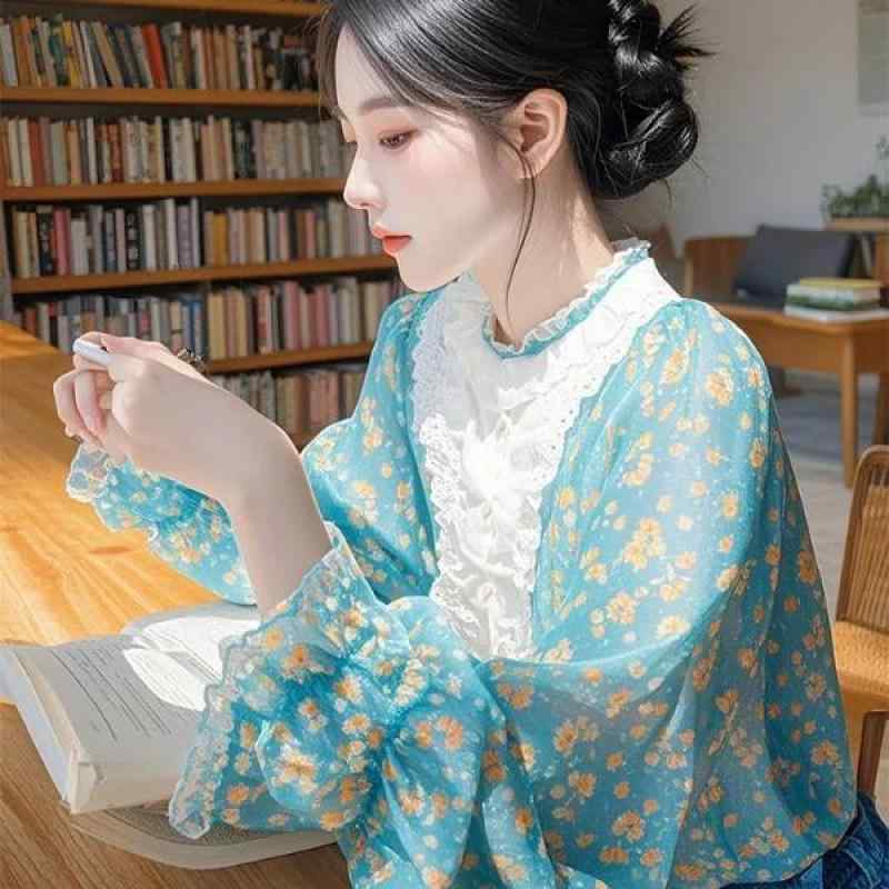 シャツ レディース 春夏 きれいめ おしゃれ かわいい ブラウス 長袖 泡袖 プリント ポリエステル 軽熟 ラウンドネック ゆったり 通勤 オフィス グリーン