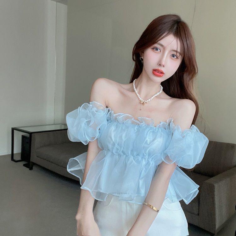 Tシャツ レディース 春夏 一字襟 杏色 ピンク系 ブルー 半袖 泡 パフスリーブ ショート丈 ポリエステル 無地 カットソー トップス