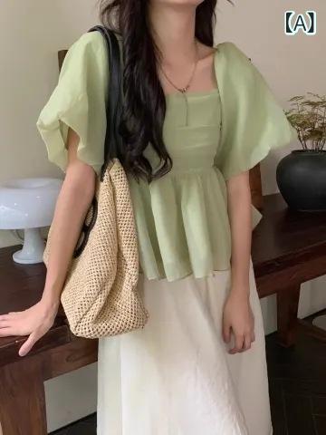 シャツ レディース 杏色 パフスリーブ ブラウス スクエアネック ギャザー トップス スリム ショート丈 ポリエステル フェミニン 文??古 欧美風