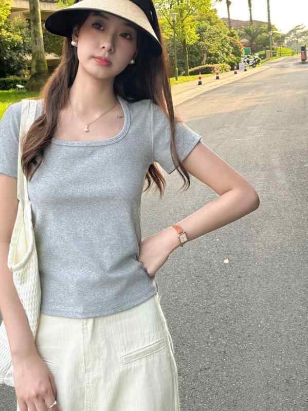 Tシャツ レディース 半袖 春夏 韓国風 コットン 方領 トップス カットソー スリム 無地 黒 白 灰色